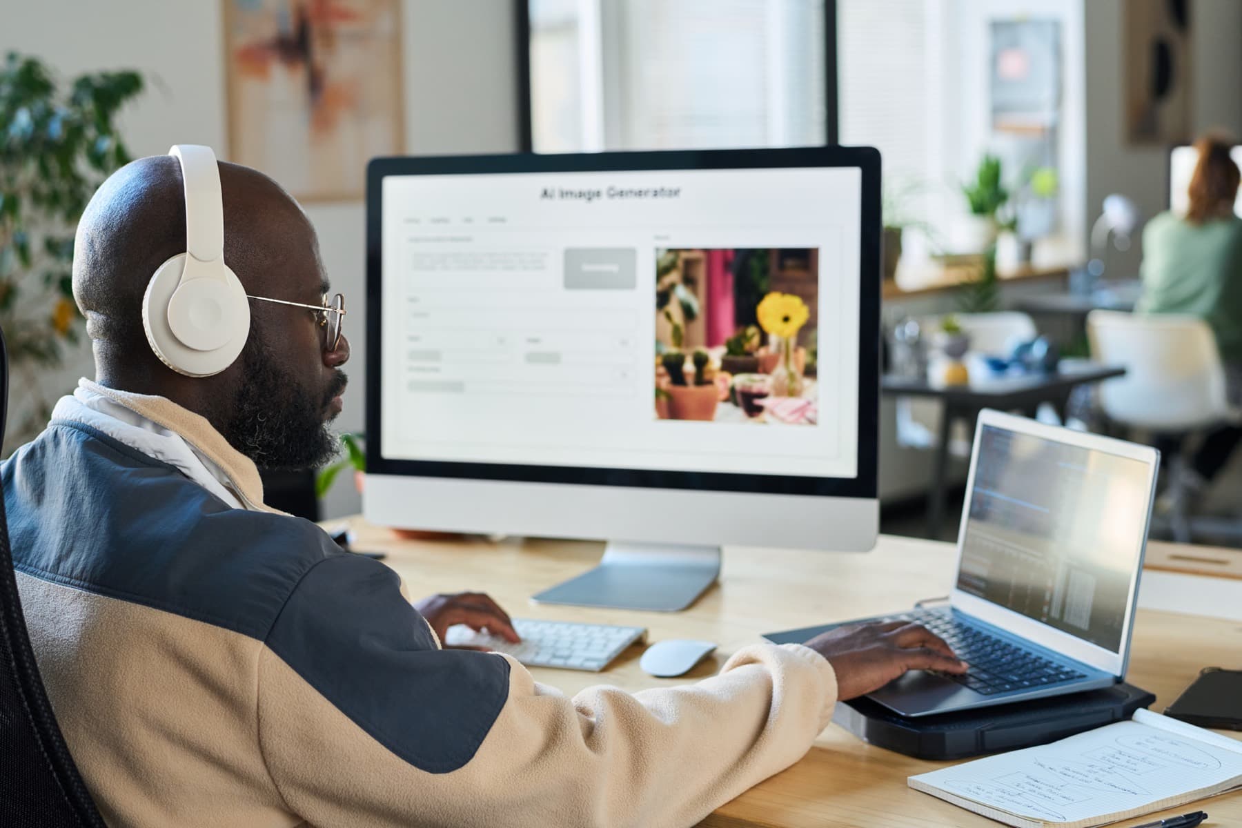 Man using an AI image generator in a modern office